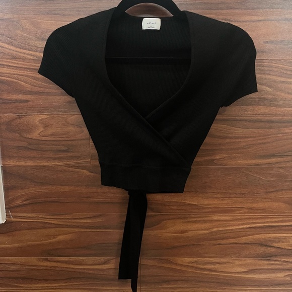 Aritzia Wilfred All Tied Up Sweater Short Sleeve Black Wrap Ribbed Knit XS - Picture 3 of 6